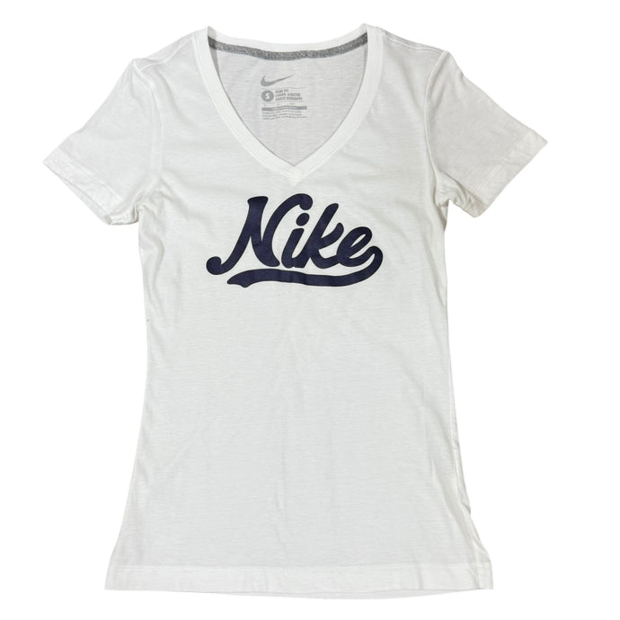 White Nike Logo V Neck T-Shirt Size Small 100% Cotton