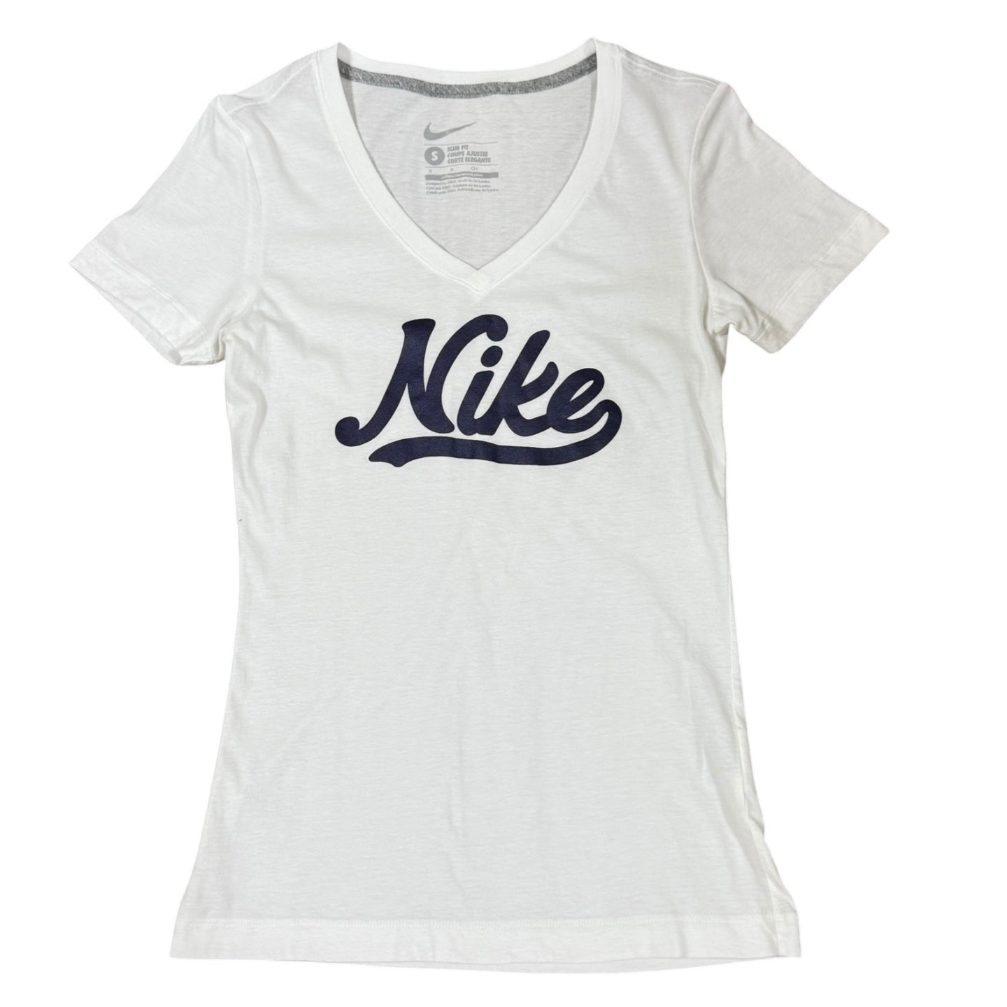 White Nike Logo V Neck T-Shirt Size Small 100% Cotton