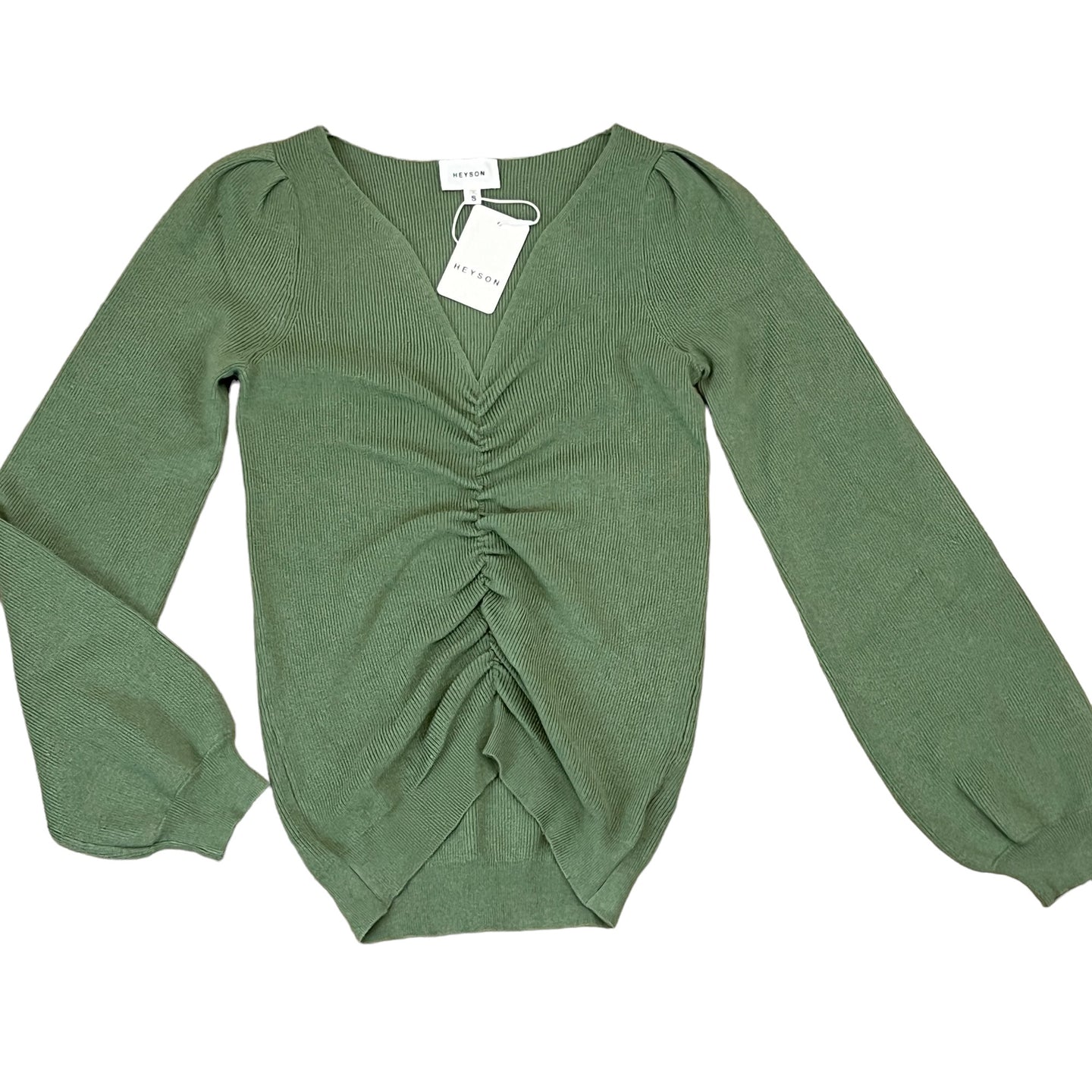 Sage Ruched V-Neck Knit Sweater Size Small