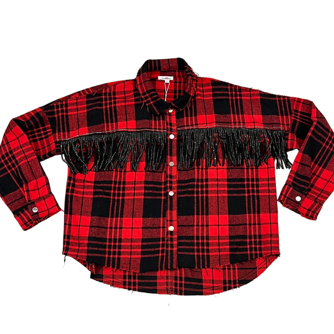 Red Relaxed Fit Fringed Flannel Size Small