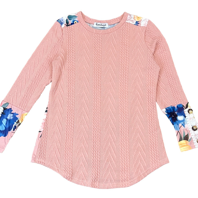 Pink Floral Lace Patchwork Knitted Long Sleeve Top Size Medium