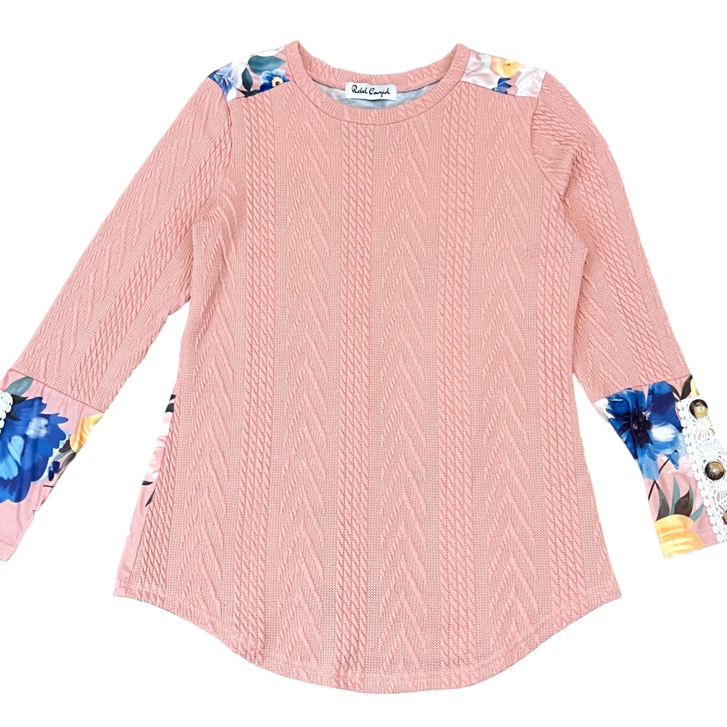 Pink Floral Lace Patchwork Knitted Long Sleeve Top Size Medium