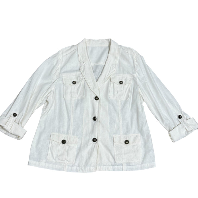 Vintage White Linen Safari Jacket 4-Pocket Button Front Blazer Size XL/2XL