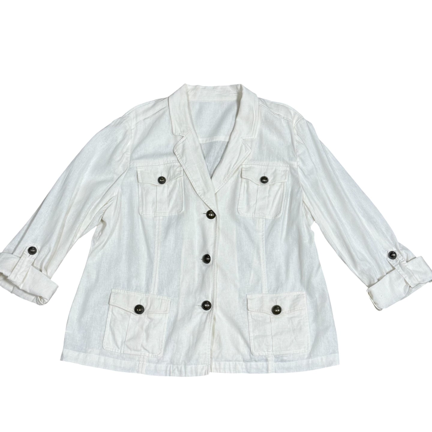 Vintage White Linen Safari Jacket 4-Pocket Button Front Blazer Size XL/2XL