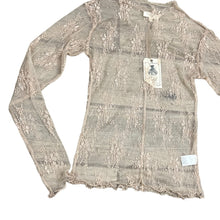Load image into Gallery viewer, Mauve White Lettuce Trim Sheer Lace Long Sleeve Top Size Small
