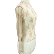 Load image into Gallery viewer, Mauve White Lettuce Trim Sheer Lace Long Sleeve Top Size Small
