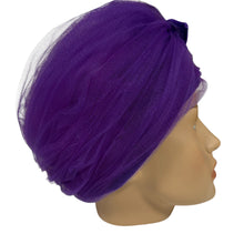 Load image into Gallery viewer, 1960s Mr. John Jr. Purple Tulle &amp; Velvet Turban-Style Bubble Hat Size 6.5
