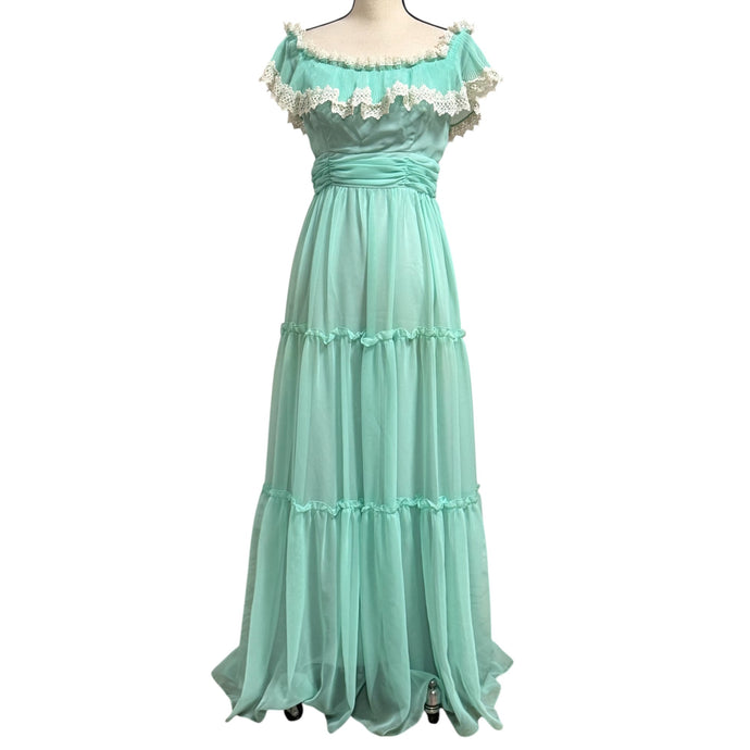 70s Teal Blue Prairie Maxi Dress Size Small