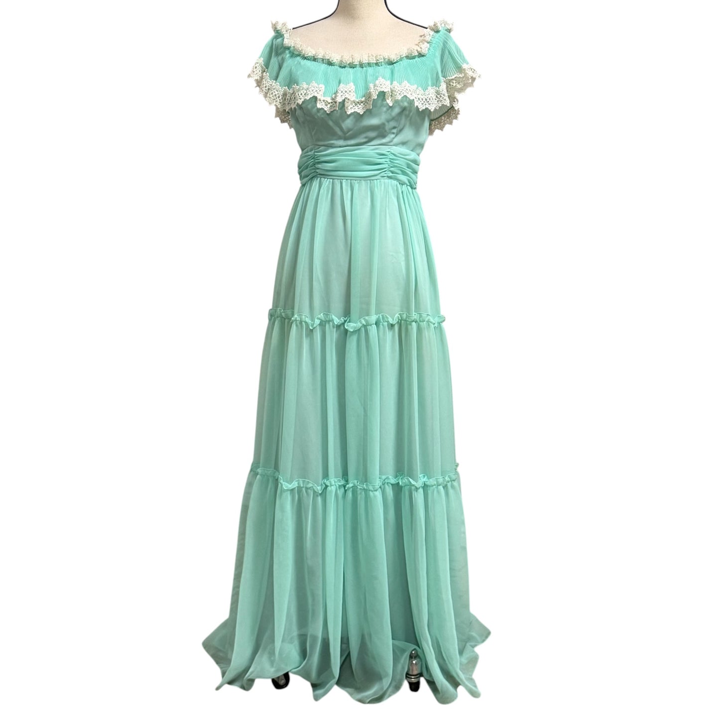 70s Teal Blue Prairie Maxi Dress Size Small