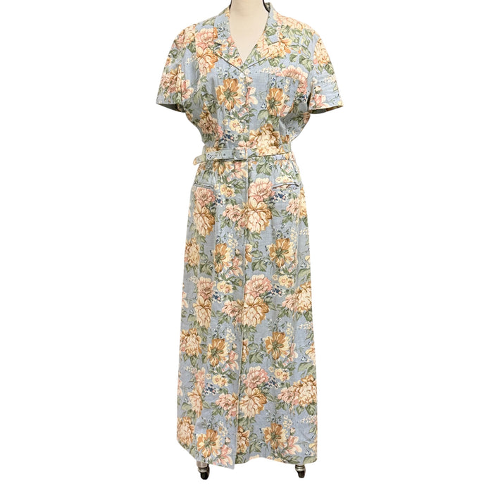 90s Short Sleeve Linen Cotton Floral Belted Dress Size 14