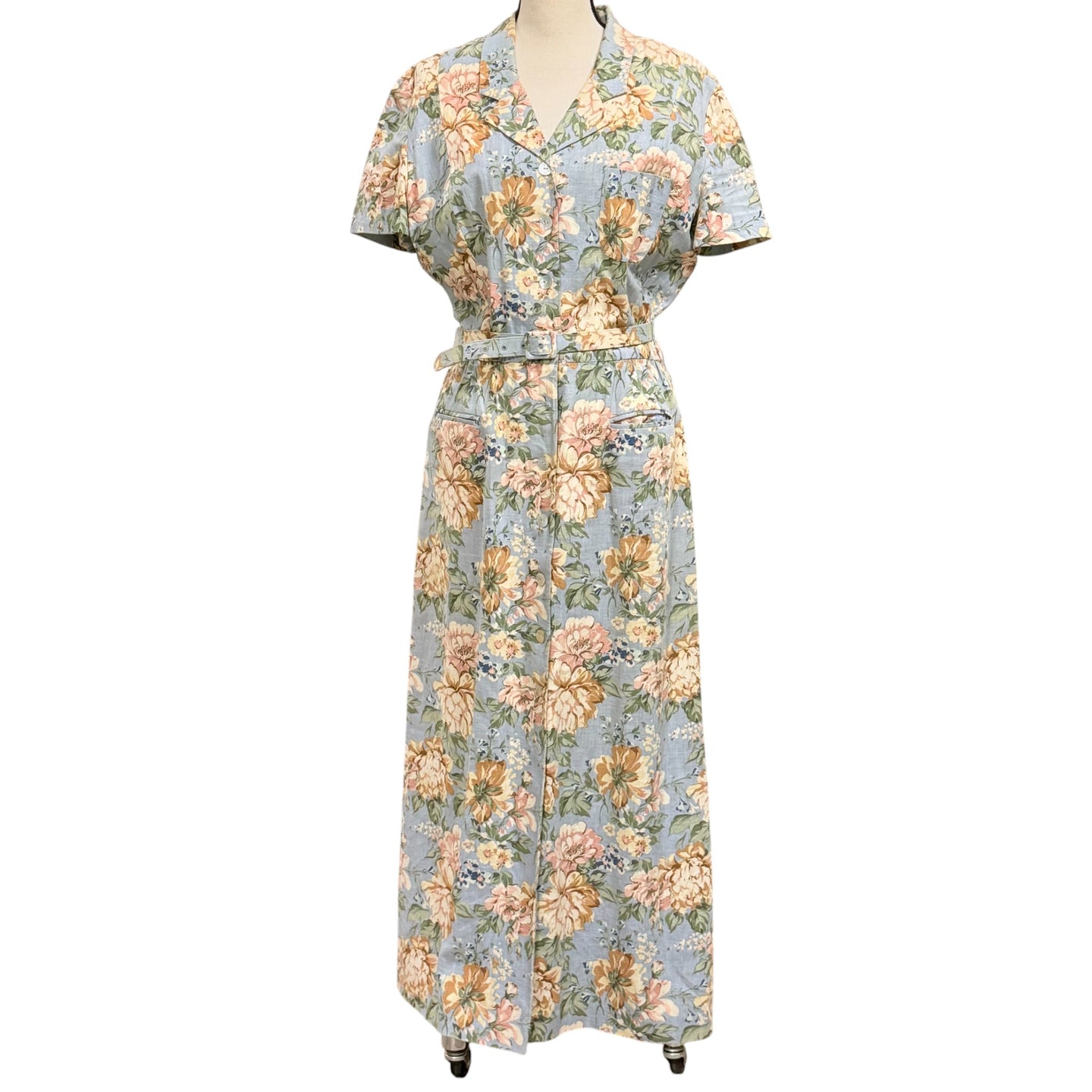 90s Short Sleeve Linen Cotton Floral Belted Dress Size 14