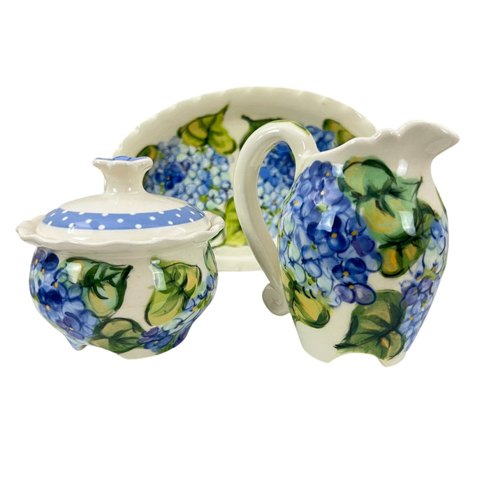Heather Lane Pottery Hand Painted Hydrangea Florals Sugar Creamer Set 4 Pcs