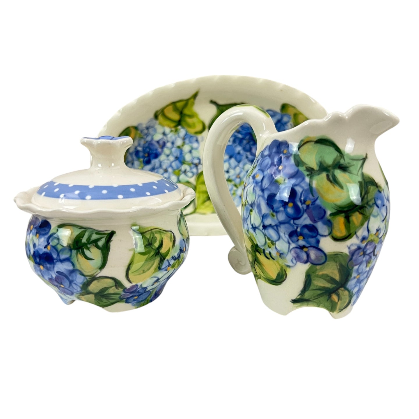 Heather Lane Pottery Hand Painted Hydrangea Florals Sugar Creamer Set 4 Pcs