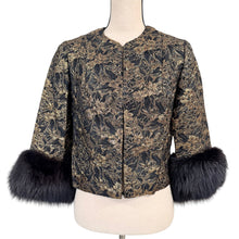 Load image into Gallery viewer, 60s Gold Metallic Floral Brocade Fur Cuff Evening Jacket Size M
