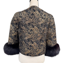 Load image into Gallery viewer, 60s Gold Metallic Floral Brocade Fur Cuff Evening Jacket Size M
