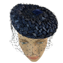 Load image into Gallery viewer, Mid Century Navy Blue Pillbox Hat Size Small
