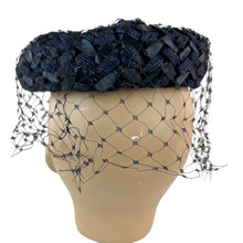 Load image into Gallery viewer, Mid Century Navy Blue Pillbox Hat Size Small

