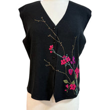 Load image into Gallery viewer, 90s Embroidered Pink Blossoms Black Knit Vest Large
