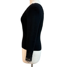 Load image into Gallery viewer, Vintage Black Ribbed Knit Sweater Sequin &amp; Lace Trim Size Small
