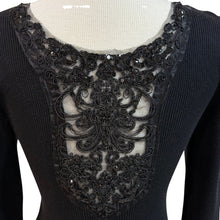 Load image into Gallery viewer, Vintage Black Ribbed Knit Sweater Sequin &amp; Lace Trim Size Small

