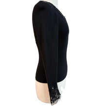 Load image into Gallery viewer, Vintage Black Ribbed Knit Sweater Sequin &amp; Lace Trim Size Small
