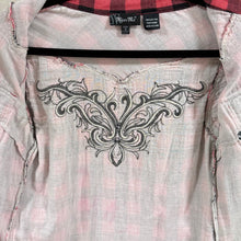 Load image into Gallery viewer, Cotton Red/Black Plaid Western Embroidered Rhinestone Button-Up Size Small
