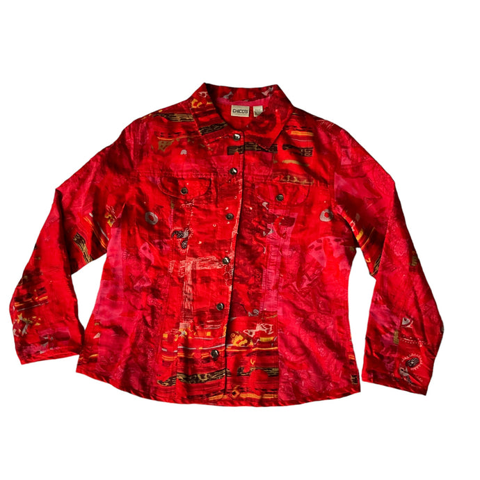 Chico's Embroidered Raw Silk Floral Art-to-Wear Jacket Size 2