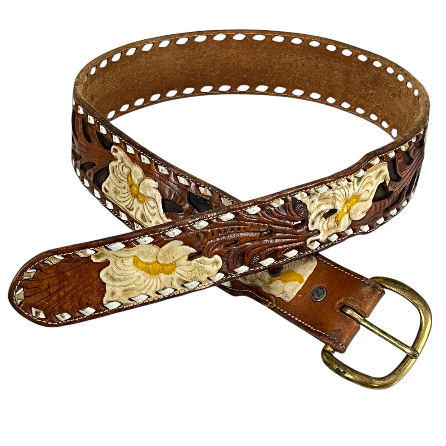 Vintage Tooled Leather Belt with Flowers Size Medium