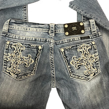 Load image into Gallery viewer, Miss Me Rhinestone Pockets Boot Cut Jeans Size 28&quot;
