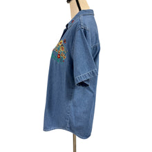 Load image into Gallery viewer, 90s Embroidered Sunflowers Denim Shirt Size Small Made in Hong Kong
