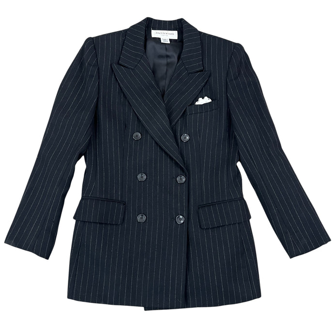 Vintage Double Breasted Black Wool Pinstripe Blazer Size 8p