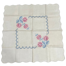 Load image into Gallery viewer, 50s Hand Embroidered Roses Linen Card Table Tablecloth &amp; Napkins Set
