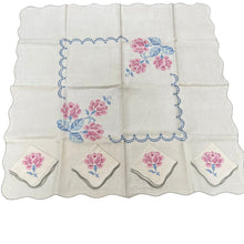 Load image into Gallery viewer, 50s Hand Embroidered Roses Linen Card Table Tablecloth &amp; Napkins Set
