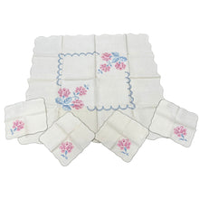 Load image into Gallery viewer, 50s Hand Embroidered Roses Linen Card Table Tablecloth &amp; Napkins Set
