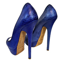Load image into Gallery viewer, Jimmy Choo Women’s Blue Snakeskin Peep Toe Platform Heels 37 1/2
