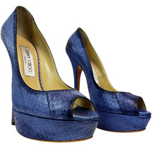 Load image into Gallery viewer, Jimmy Choo Women’s Blue Snakeskin Peep Toe Platform Heels 37 1/2
