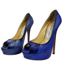 Load image into Gallery viewer, Jimmy Choo Women’s Blue Snakeskin Peep Toe Platform Heels 37 1/2
