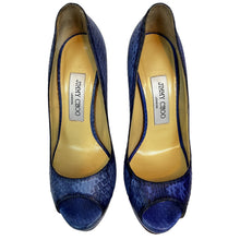 Load image into Gallery viewer, Jimmy Choo Women’s Blue Snakeskin Peep Toe Platform Heels 37 1/2
