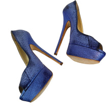 Load image into Gallery viewer, Jimmy Choo Women’s Blue Snakeskin Peep Toe Platform Heels 37 1/2
