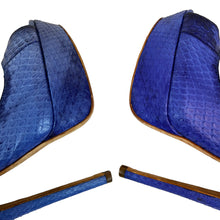 Load image into Gallery viewer, Jimmy Choo Women’s Blue Snakeskin Peep Toe Platform Heels 37 1/2
