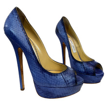 Load image into Gallery viewer, Jimmy Choo Women’s Blue Snakeskin Peep Toe Platform Heels 37 1/2
