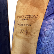 Load image into Gallery viewer, Jimmy Choo Women’s Blue Snakeskin Peep Toe Platform Heels 37 1/2
