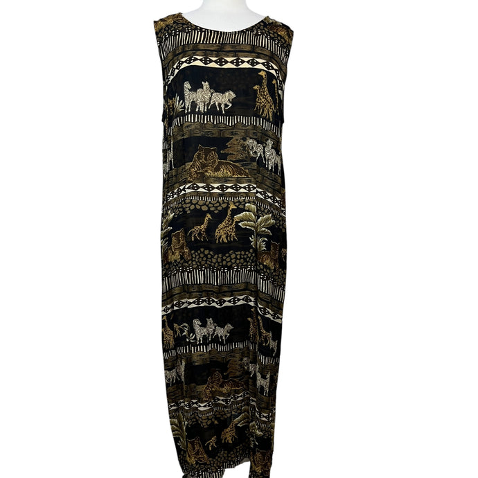 Vintage Sheer Safari Print Maxi Dress XL 