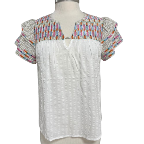 Embroidered Short Ruffle Sleeve Tunic Top Size Small