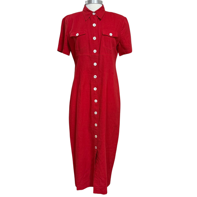 90s Red Linen Shirt Dress Size Medium/Large