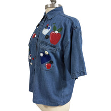 Load image into Gallery viewer, VTG 100% Cotton Short Sleeve Wearable Art Denim Shirt Size Small
