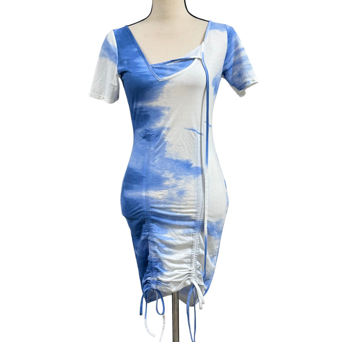 Blue Tie-Dye Ruched Bodycon Dress
