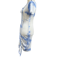 Load image into Gallery viewer, Blue Tie-Dye Ruched Bodycon Dress
