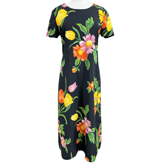 90s Long Black Floral Short Sleeve Dress Size Medium