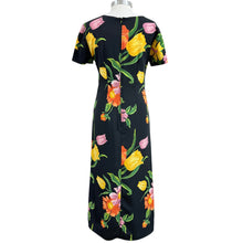 Load image into Gallery viewer, 90s Long Black Floral Short Sleeve Dress Size Medium

